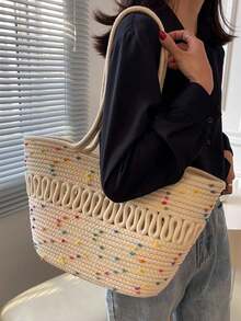 1 件编织手提包，休闲时尚纯色草绳编织手提包，大容量杂货篮适合日常使用和节日