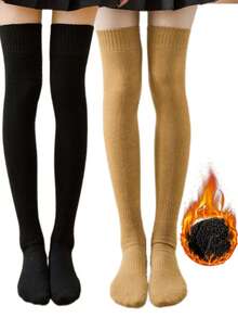 1 双女士过膝袜，纯色加厚保暖内衬，温暖舒适，百搭，适合秋冬季学生和成人