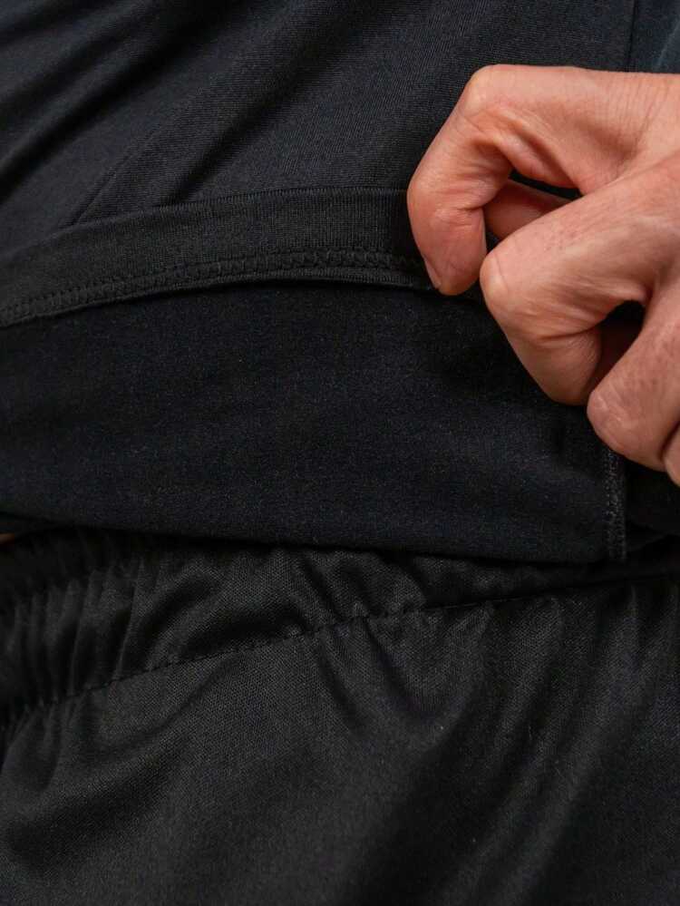 Men's Black Thermal Plain Plush T-Shirt Top For Winter And Cold Weather - 黑色 - 查看 5