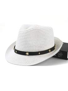 1pc Star Patchwork Bohemian Leather Strap Decorative UV Protection Woven Straw Panama Hat, Western Cowboy Sun Hat, Fashionable All-Match For Men And Women, All Seasons