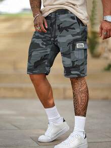 1pc Men'S Summer Camo Cargo Shorts With Multiple Pockets, Drawstring Waist, And Letter Patch - Casual Five-Point Outdoor Shorts For Hiking, Fishing, And Casual Attire, Hiking Apparel | Letter Patch Shorts | Non-Stretch Fabri - 迷彩灰 - 查看 2