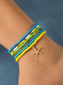 Set da 6 cavigliere stile boemico da spiaggia, stile vacanza, multicolore, perline, cavigliere in lega con pendente a forma di stella marina (fatto a mano, quantità e colori delle perline casuali)