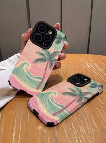 1 Stück süßer rosa & grüner Wellen & Palmen gestreifter Kunstleder schockfester weicher Handyhülle kompatibel mit iPhone 16/16 Plus/16 Pro/16 Pro Max