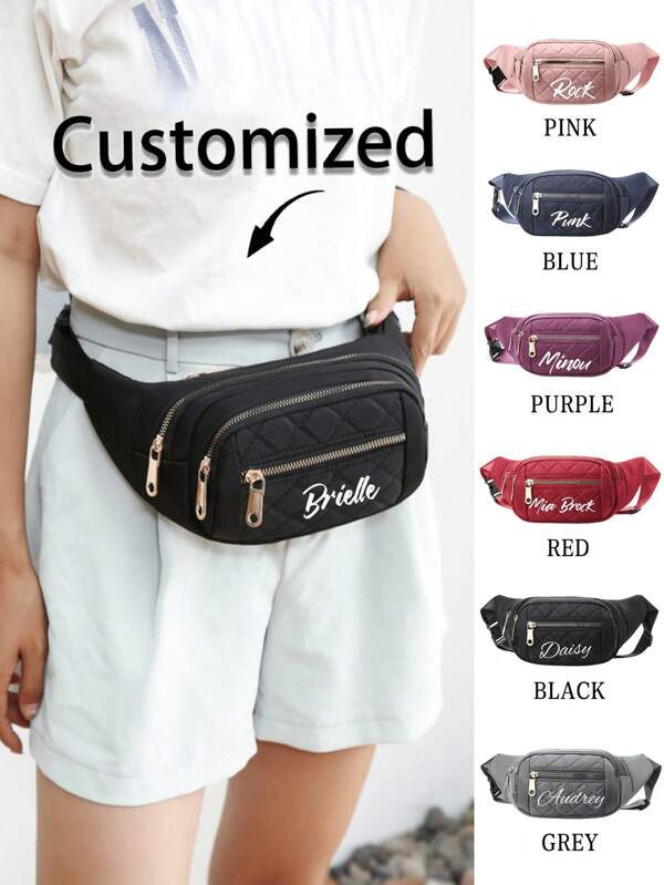 1 New Women's Waist Bag, Customizable Name Nylon Material, Embroidery, Thickened And Wear-Resistant, Zipper Closure, Multi-Layer Design, Simple And Lightweight, Casual And Fashionable, Cute Large Capacity Women's Crossbody Chest Bag, Suitable For Sports