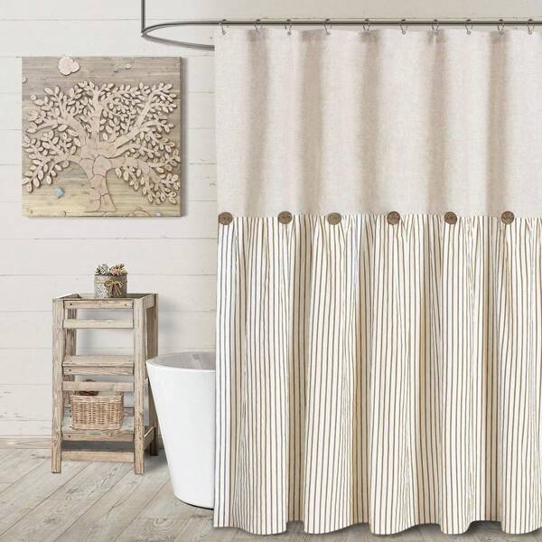 Awellife Farmhouse Beige Shower Curtain Button Linen Textured Woven Fabric, Pleated Beige Stripe, Country Style, 72inch W X 84inch L Back To School Fall Decor