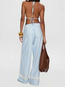 Womens 2 Piece Summer Outfits Sleeveless Stripes Print Halter Tops + Wide Leg Pants Set Streetwear - Sky Blue - View 2