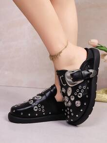 Women's Fashion Comfortable Rivet Decor Black Chunky Heel & Platform Shoes,Mule Shoes