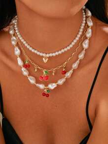 Set de 3 collares con colgantes de cerezas y corazones de perlas falsas para mujeres, adecuados para diario, fiesta, vacaciones