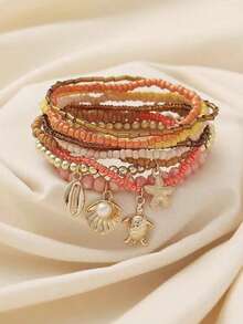 PHCOO 9pcs Bohemian Style Bead Bracelet, Includes Sea Turtle, Seashell, Starfish & Other Summer Ocean Elements Pendants, Suitable For Daily Wear