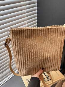 Women's Corduroy Shoulder Bag - Soft Plush Solid Color, Casual Handbag, Bohemian Wide Shoulder Belt, Lightweight Messenger Bag, Suitable For Daily, Shopping And Travel | Polyester Lining, Zipper Opening And Closing, Adjustable Shoulder Belt, Cosmetics And Key Storage