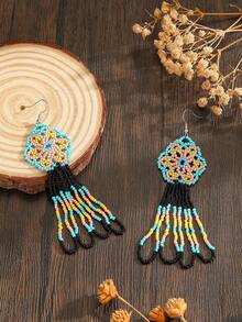 Handmade Beaded Earrings Bohemian Style Vintage Dangle Tassel Earrings Fashion Hollow Green Flower Cute Style Earrings Daily Vacation Versatile Spring Summer New All-Year Wearable Women's Fashion Accessories Mother's Day Valentine's Day Thanksgiving Holiday Gift Choice - Blue Hollow Flowers - View 2