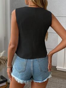 亚麻束腰无袖背心，适合春、夏、秋季，时尚优雅的办公室通勤背心，带假口袋，适合约会、节日、日常穿着、旅行、生日派对 - 黑色 - 查看 2