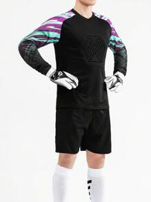 Men's Soccer Goalkeeper Jersey With Foam Chest Protector, Foam Elbow Pads, Anti-Slip Plastic Strips, Running & Sports Training Top, Colorblock Geometric Striped Long Sleeve Breathable Quick-Dry T-Shirt