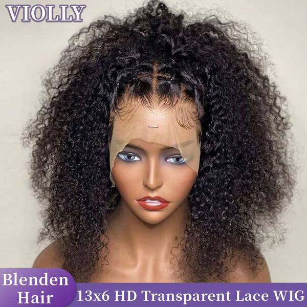 VIOLLY Peluca de cabello humano rizado rizado con línea de cabello pre afeitada y encaje frontal VIOLLY de 13x6, con cabello base, decolorada previamente, de alta densidad al 200%, para mujeres