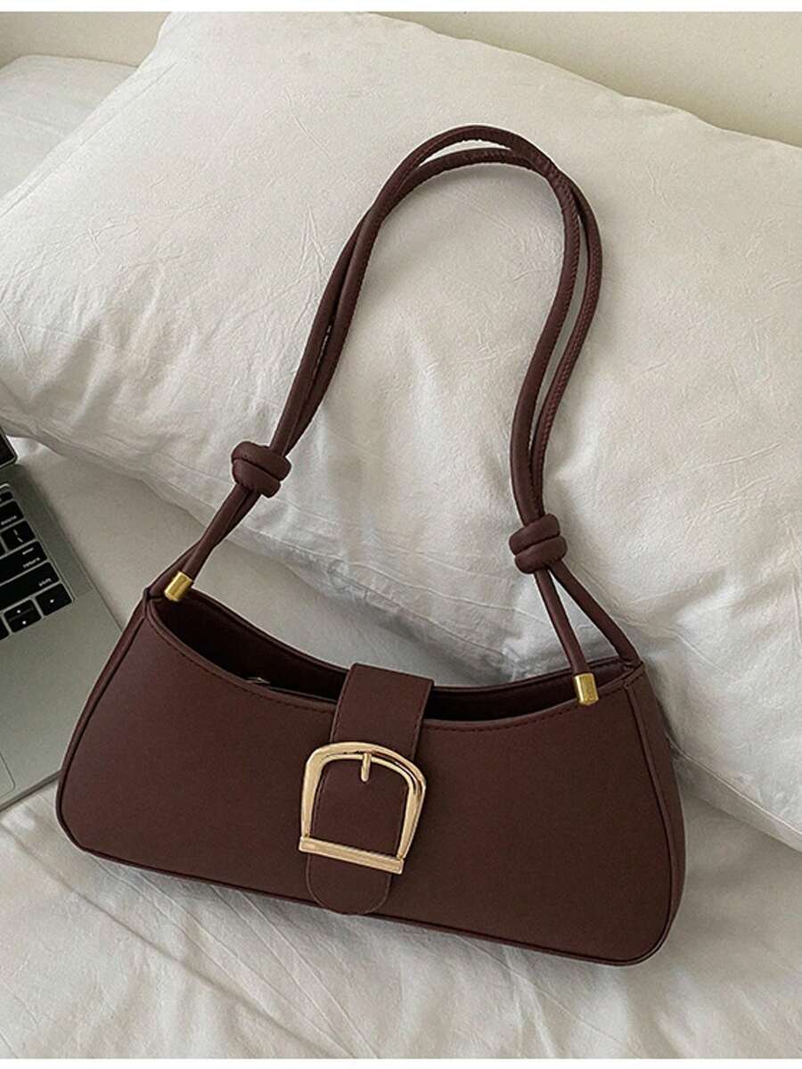 Versatile Minimalist Plain Color PU Leather Buckle Shoulder Bag - Brown - View 1