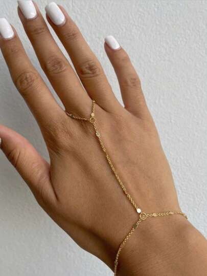 1pc Boho Style Flattened Chain Linked Finger Hand Chain, Suitable For Women Daily Wear