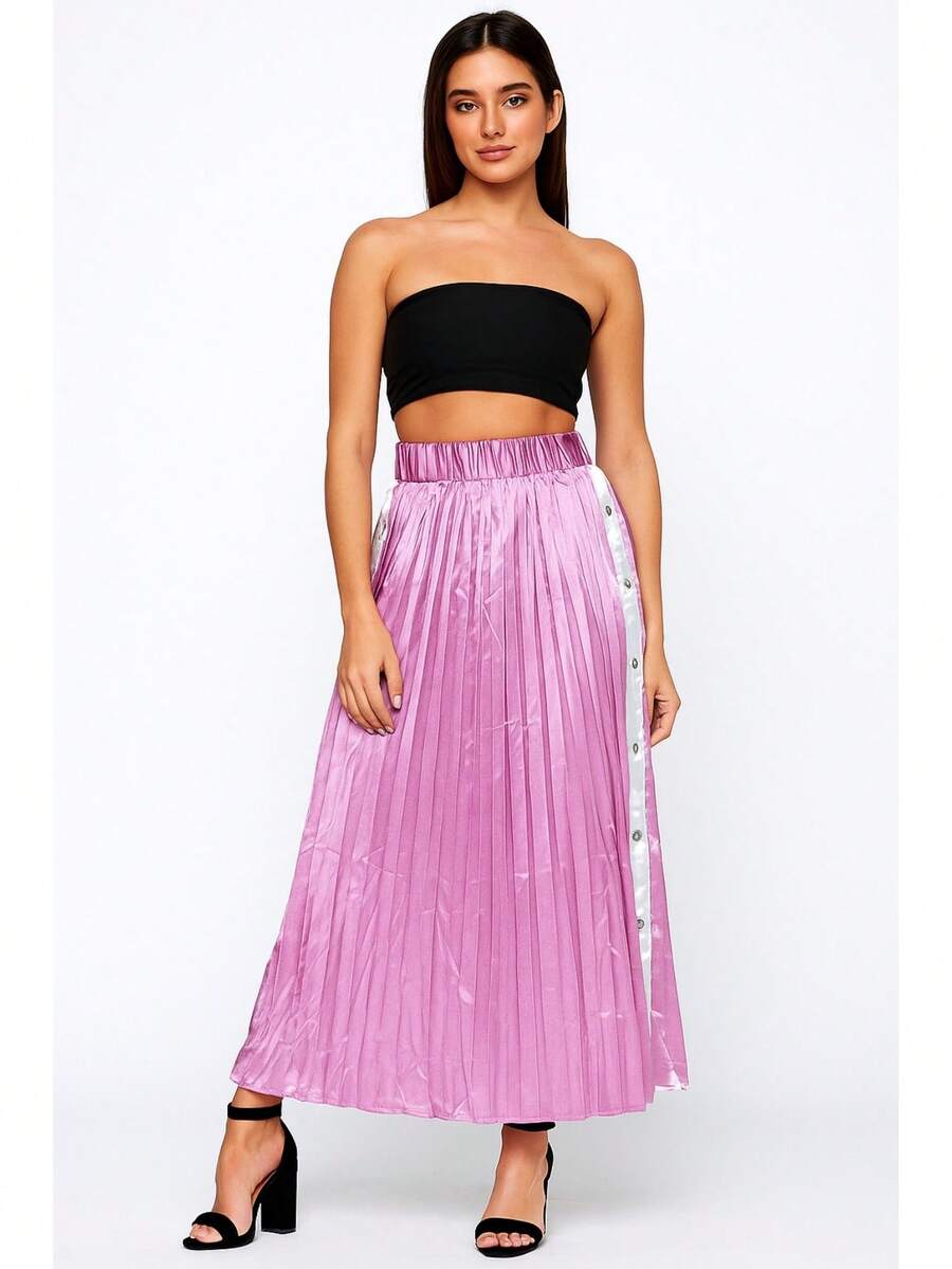 Falda larga mujer dama plisada satinada brillosa broches presión pretina elástica forro estilo street y2k urbana casual fresca día noche calor primavera verano fiesta jardín parque - Rosa - Ver 1