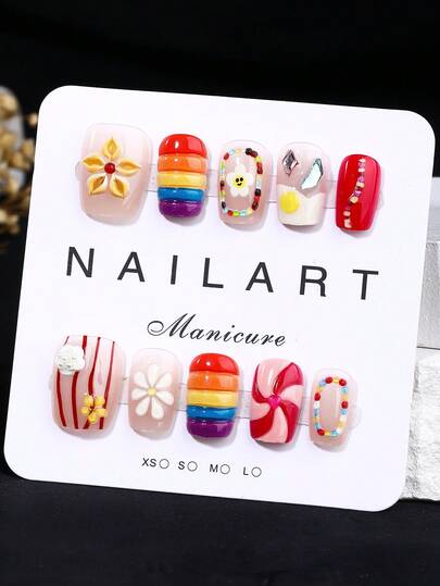纯手工美甲，10 件套，多色，短梯形，美容，香氛风格，法式尖头指甲，按压式指甲，新年指甲，情人节指甲，紫外线指甲，夏季指甲，可穿戴美甲，优雅大方的设计，高端法式风格，凝胶抛光，闪光指甲用品指甲