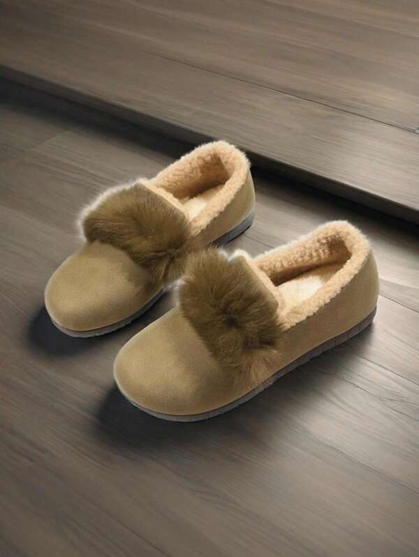 1 Pair Versatile Thermal Lined Soft Bottom Fashionable Faux Fur Slip-On Casual Comfortable Winter House/Outdoor Walking Shoes For Women