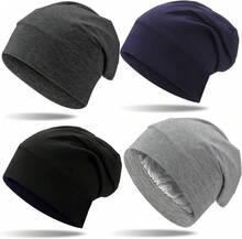 4 Pieces Satin Lined Sleep Cap For Men Women Elastic-Designed Sleeping Hair Satin Lined Bonnet Hair Cover(Black, Navy Blue, Dark Gray And Light Gray) - Multicolor - View 1