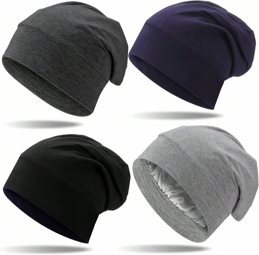 4 Pieces Satin Lined Sleep Cap For Men Women Elastic-Designed Sleeping Hair Satin Lined Bonnet Hair Cover(Black, Navy Blue, Dark Gray And Light Gray) - Multicolor - View 1