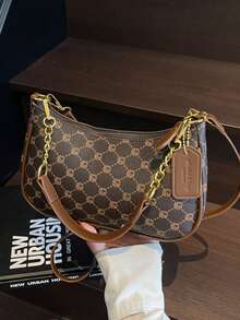 1 件女士纯色 PU 单肩包，多功能腋下包，适合工作通勤，可调节肩带斜挎包链条包腋下包手提包带金属刺绣字母 - 咖啡 - 查看 6