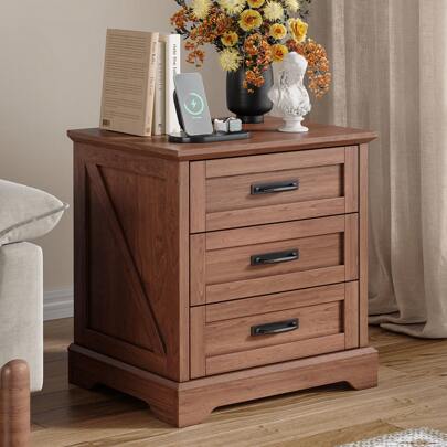 Farmhouse Nightstand 3 Drawers With Charging Station, 22'' Bedroom Bedside Table Modern End Table For Living Room