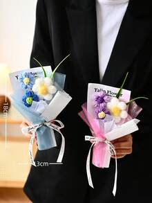 1 Set Artificial Flower Bouquet, Includes Wrapping Paper, 3 Crocheted Yarn Flowers, Suitable As Birthday Or Anniversary Gift For Teachers, Mothers, Best Friends, Women, Mother's Day, Valentine's Day, Wedding Memento, Holiday Party Home Decor, Christmas Gift, Can Be Used For Home, Dining Table, Bedroom, Bathroom, Desk Decoration. - Multicolor - View 2