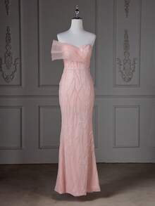 Women Sequin Slip-On Dress With Zipper Back & Padded Bust - Baby Pink - View 3