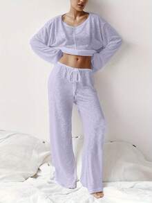 Women Solid Color Sheer Material Round Neck Long Sleeve Straight Leg Pajama Set, Suitable For Outerwear - Purple - View 1