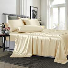 4 Piece Satin Sheets Twin Size Silky Smooth Beige Sheet Set With Deep Pocket, Fitted Sheet, Flat Sheet, 2 Pillowcases, Luxury Comfort - 橄欖綠 - 查看 9