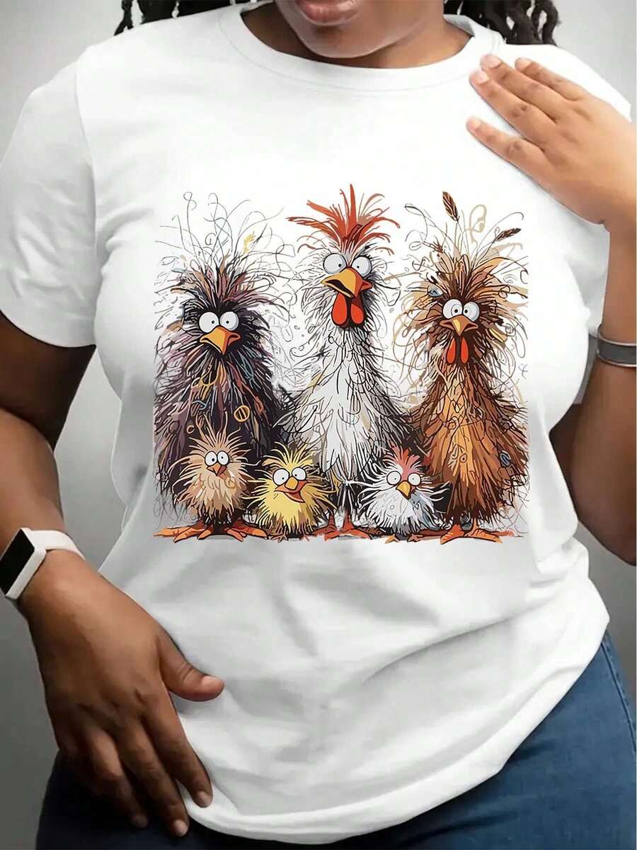 1pc Women's 100% Cartoon Rooster & Chicks Graphic T-Shirt - Casual Round Neck Short Sve Tee, Whimsical Farm Animal Print, Lightweight & Breathable For Outdoor Activities, All-Season Wear-1-1 - trắng - Xem 1