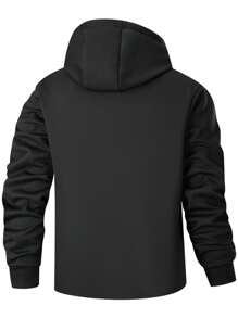 A Men's Casual Polyester Hooded Jacket With Long Sleeves, Low Elasticity, Open Hem, Zipper Closure, Regular Style, Autumn And Winter Coat, Thick Version