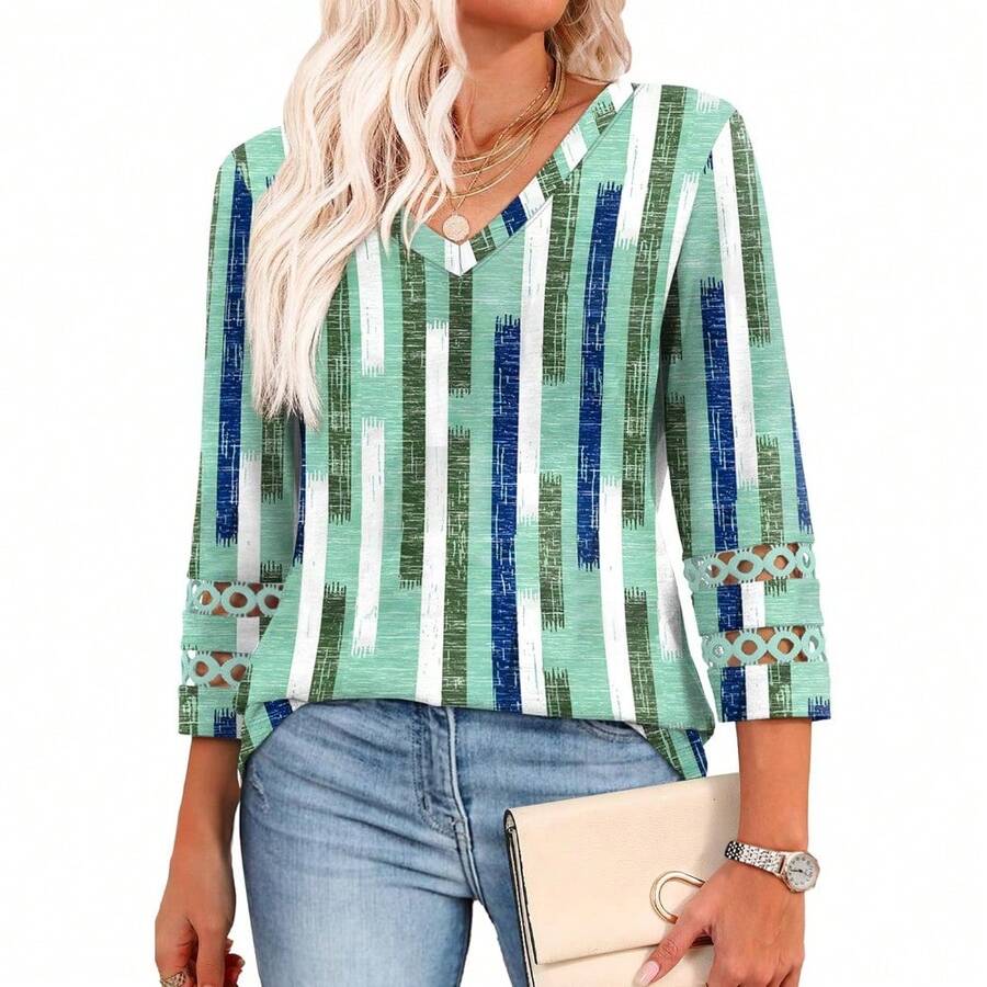 XIEERDUO 3/4 Length Sleeve Womens Tops Dressy Casual Blouses For Women 2025 V Neck T Shirts Summer Clothes - Z 綠色格子 - 查看 1