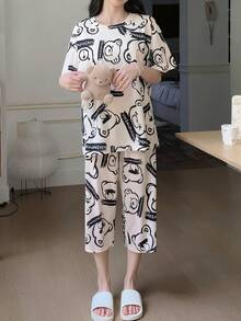 AICJ 2 件女士和女孩休闲可爱卡通小猫和字母印花粉色上衣、3/4 短裤/长裤、居家派对度假睡衣套装，适合春夏季 - 米色 - 查看 4