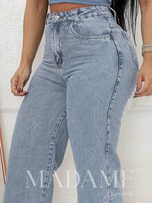 WOMEN'S JEANS HIGH WAIST WIDE LEG PANTS GREY PREMIUM DENIM - 灰色 - 查看 5