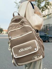 Casual Large Capacity Zipper Letter Cat Multi-Pocket Backpack, Unisex College Style Student Schoolbag Suitable For School, Shopping, Travel