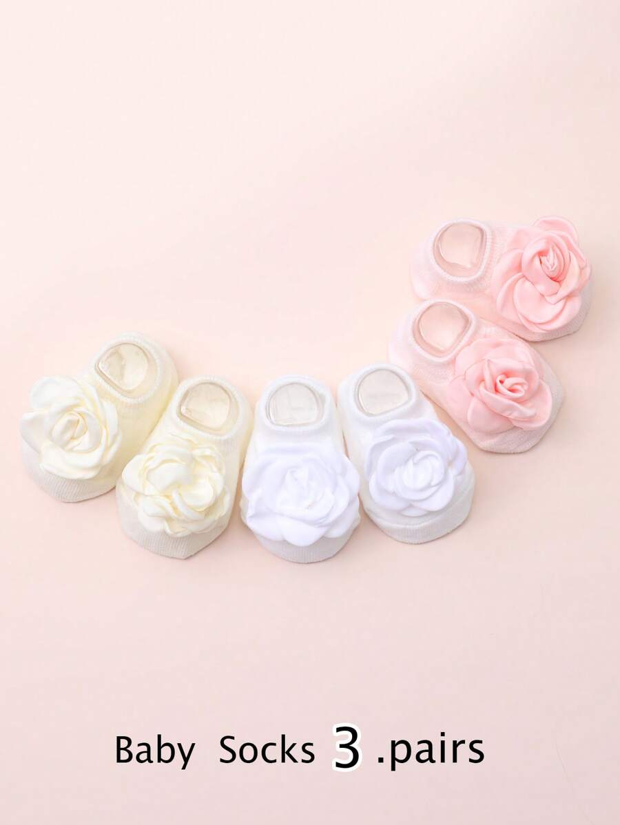 3 Pairs Baby Girls' Adorable Floral Decor Solid Color Soft Rubber Dots Liner Socks, Suitable For Summer Vacation Wear
