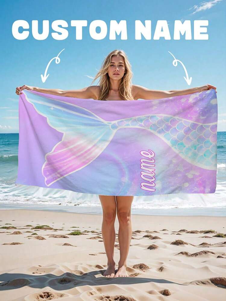 1 件个性化美人鱼尾巴沙滩巾 - 沙滩设计，超强吸水和游泳毛巾，非常适合海滩、游泳、露营和旅行，沙滩必备 | 美人鱼尾巴主题 | 涤纶毛巾，沙滩配饰，适合所有场合 - 彩色 - 查看 4