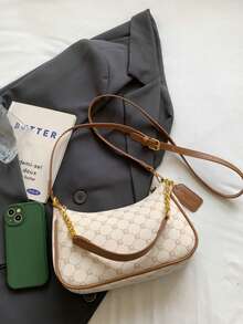 1 件女士纯色 PU 单肩包，适合工作通勤的多功能腋下包，可调节肩带斜挎链条包，腋下托特包带铝箔字母