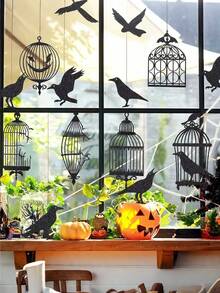 9 件黑乌鸦鸟笼花环横幅，闪闪发光的黑乌鸦装饰吊坠，哥特式渡鸦挂饰，带有悬挂乌鸦的怪异万圣节派对装饰，恐怖装饰拉横幅，非常适合家庭或活动恐怖道具，鬼节气氛装饰道具，派对聚会 - 黑色 - 查看 8