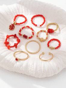 8 件海洋海滩风格海星戒指套装，种子串珠波西米亚戒指，贝壳戒指女士波西米亚风格珠宝适合度假、日常佩戴 - A12739 - 查看 6