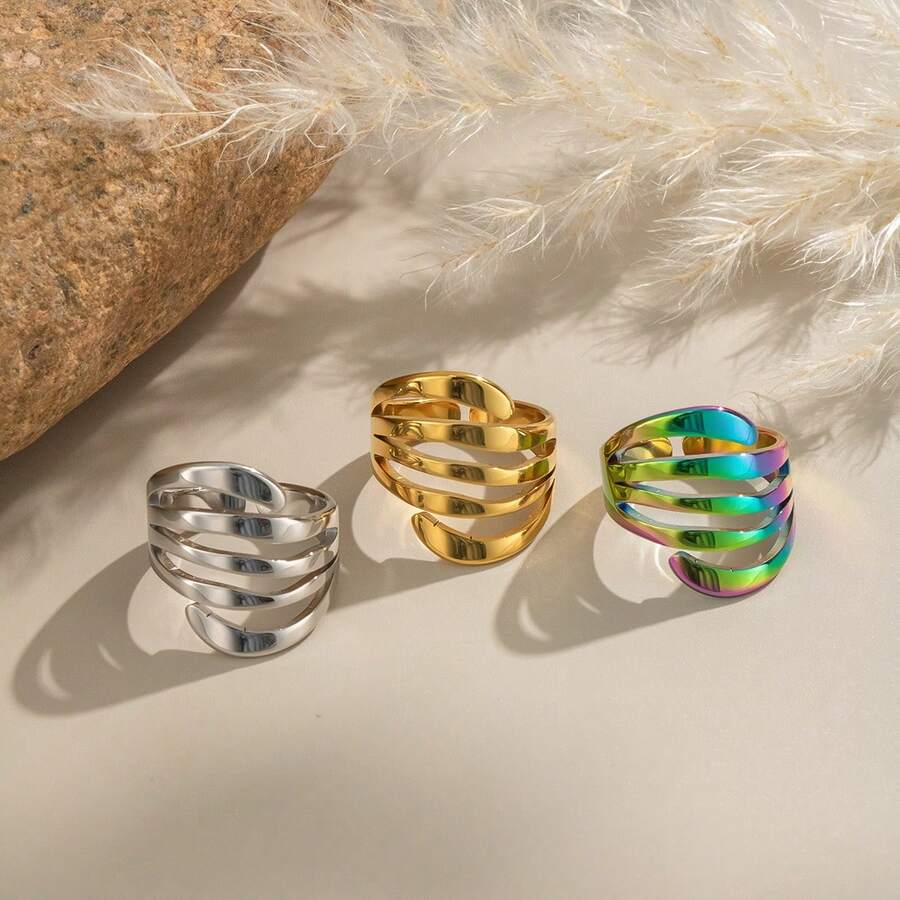 1 件简约百搭条纹开口戒指，18K 镀金不锈钢防水不褪色，适合女性日常和派对佩戴 - 戒指 - 查看 1