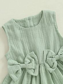 Toddler Baby Girl Summer Outfit Sleeveless Round Neck Bows Ruffle Tank Tops Shirts Elastic Waist Ruffled Short Set Linen Outfit - Green - View 5