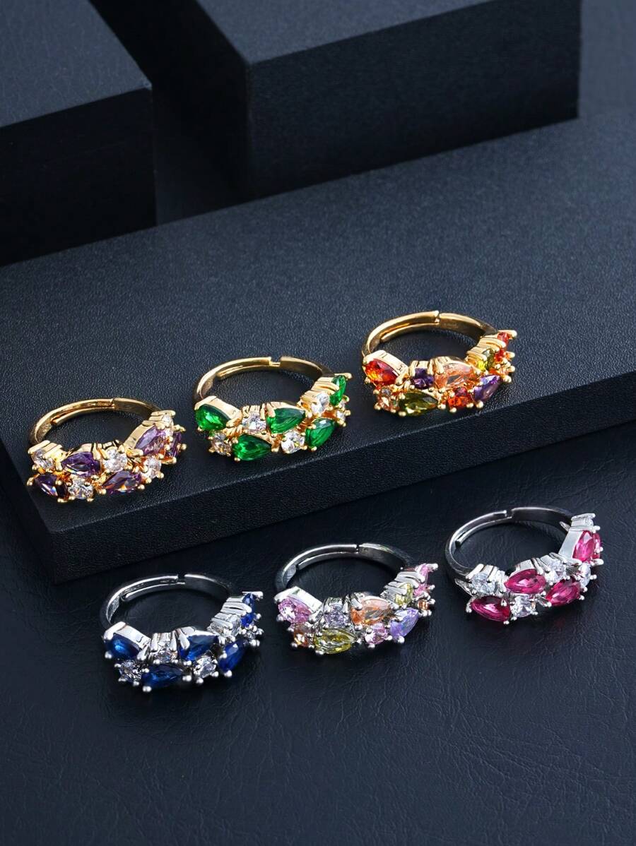 1pc Copper Micro-Inlay Multi-Teardrop Cubic Zirconia Adjustable Open Ring, Minimalist Style Suitable For Daily Wear For Women