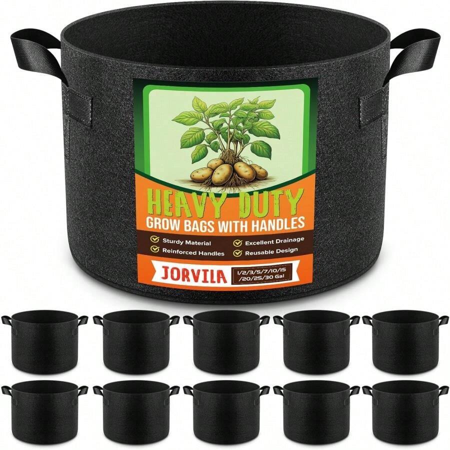 Jorvila 10 Pack 5 Gallon Thickened Grow Bags, Aeration Nonwoven Fabric Plant Pots With Durable Handles, Heavy Duty 300G Planter Pot For Tomato, Potato And Vegetable