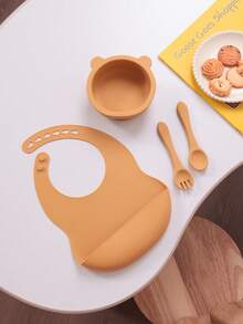 PopLittleOne 4PCS Baby Silicone Dinner Set Adjustable Bib Cartoon Bear Bowl Solid Color Spoon Fork Feeding Learning Baby Tableware - Multicolor - View 6