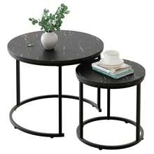 Nesting Coffee Table Side Set Of 2 End Tables For Living Room Bedroom Balcony,Black Faux Marble Wooden Table 23.6IN Accent Large Coffee Table With Steel Frame - Black - View 1
