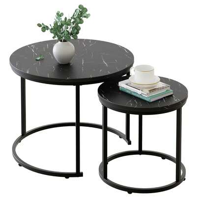 Nesting Coffee Table Side Set Of 2 End Tables For Living Room Bedroom Balcony,Black Faux Marble Wooden Table 23.6IN Accent Large Coffee Table With Steel Frame