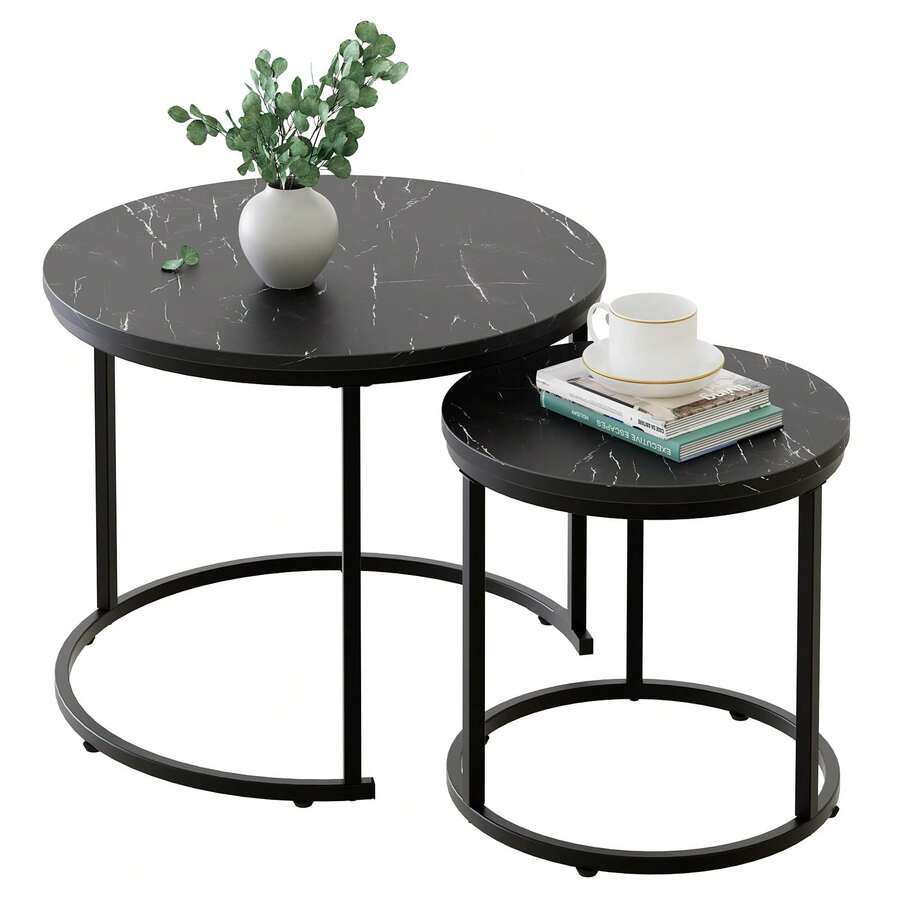 Nesting Coffee Table Side Set Of 2 End Tables For Living Room Bedroom Balcony,Black Faux Marble Wooden Table 23.6IN Accent Large Coffee Table With Steel Frame - Black - View 1